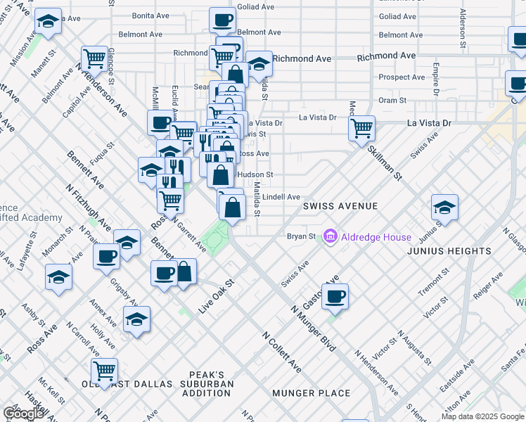 map of restaurants, bars, coffee shops, grocery stores, and more near 5707 Bryan Parkway in Dallas