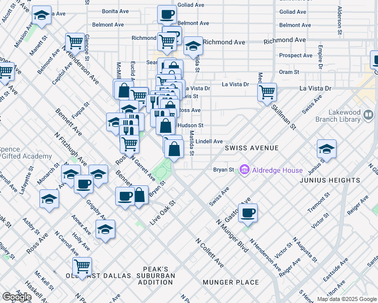 map of restaurants, bars, coffee shops, grocery stores, and more near 5509 Bryan Parkway in Dallas