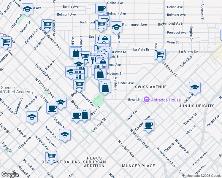 map of restaurants, bars, coffee shops, grocery stores, and more near 5509 Bryan Parkway in Dallas