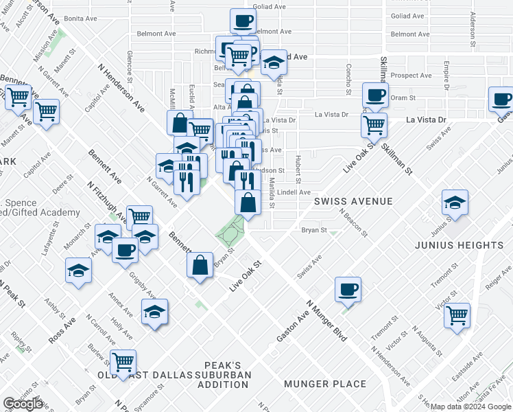 map of restaurants, bars, coffee shops, grocery stores, and more near 5509 Bryan Parkway in Dallas