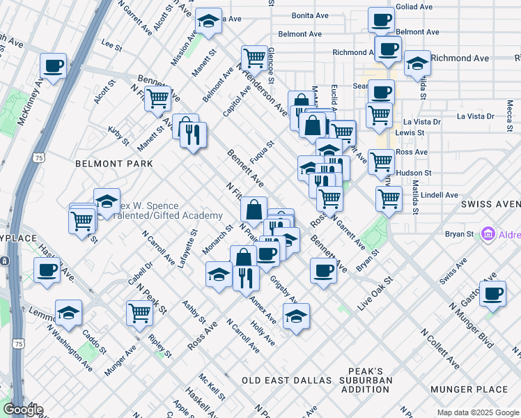 map of restaurants, bars, coffee shops, grocery stores, and more near 4850 Monarch Street in Dallas