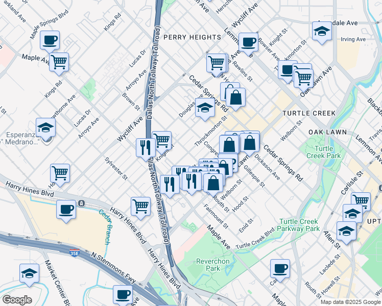 map of restaurants, bars, coffee shops, grocery stores, and more near 2696C Throckmorton Street in Dallas