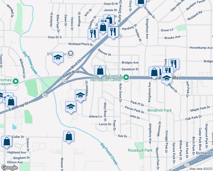 map of restaurants, bars, coffee shops, grocery stores, and more near 6604 Laura Ann Court in Richland Hills