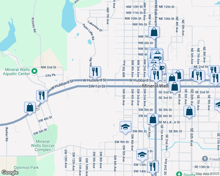 map of restaurants, bars, coffee shops, grocery stores, and more near 707 Southwest 1st Street in Mineral Wells
