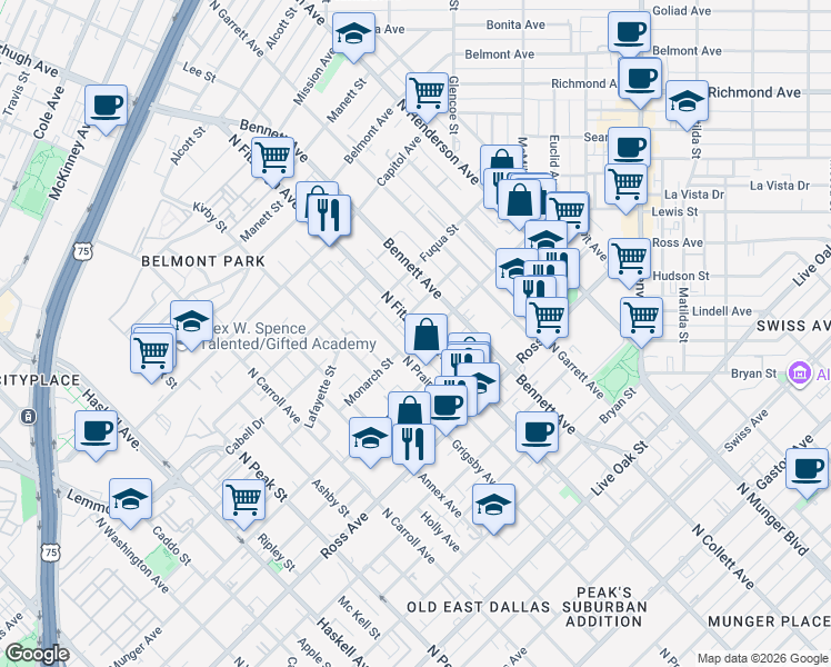 map of restaurants, bars, coffee shops, grocery stores, and more near 1901 North Fitzhugh Avenue in Dallas