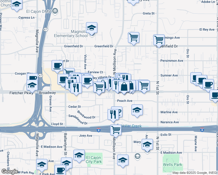 map of restaurants, bars, coffee shops, grocery stores, and more near in El Cajon