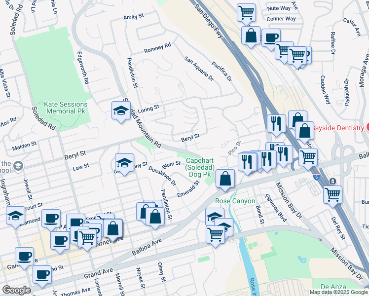 map of restaurants, bars, coffee shops, grocery stores, and more near 4809 Beryl Way in San Diego