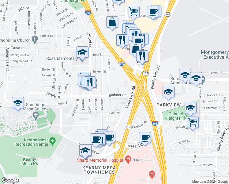map of restaurants, bars, coffee shops, grocery stores, and more near in San Diego