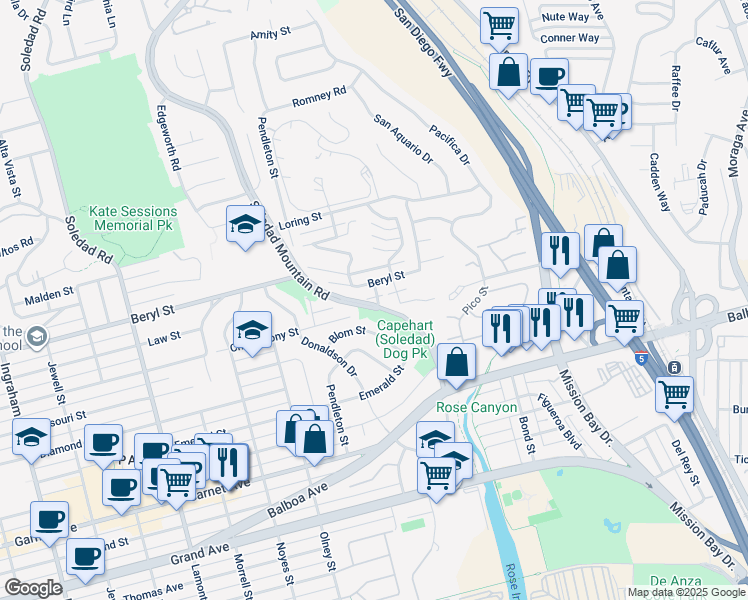 map of restaurants, bars, coffee shops, grocery stores, and more near 4820 Beryl Way in San Diego