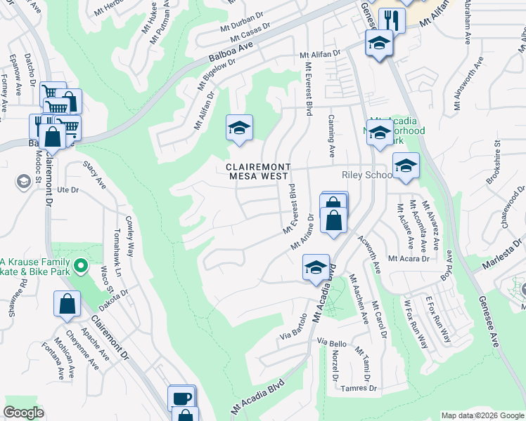 map of restaurants, bars, coffee shops, grocery stores, and more near 4971 Mount Ashmun Drive in San Diego