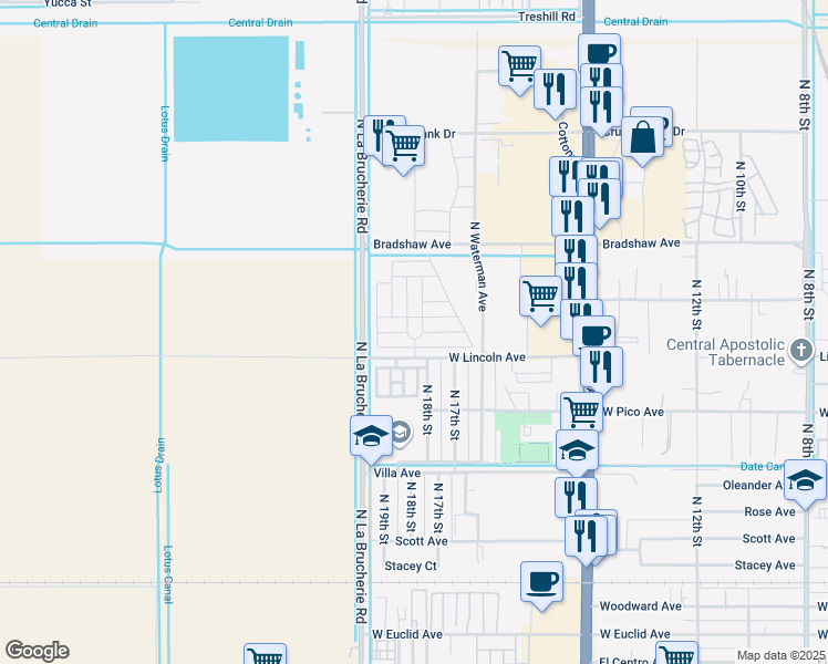 map of restaurants, bars, coffee shops, grocery stores, and more near 1850 Lincoln Avenue in El Centro