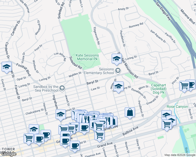 map of restaurants, bars, coffee shops, grocery stores, and more near 2010 Beryl St in San Diego