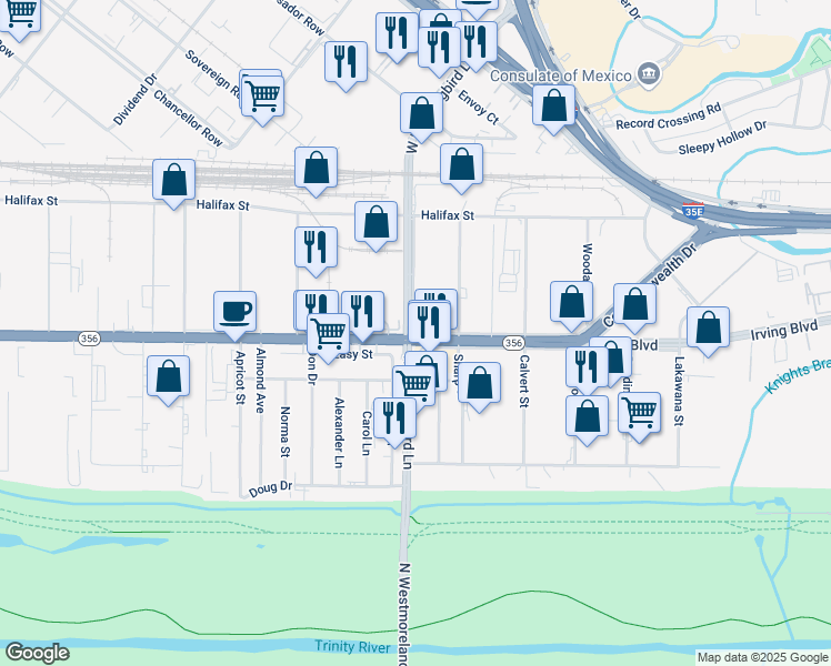 map of restaurants, bars, coffee shops, grocery stores, and more near 5609 Irving Blvd Service Road North in Dallas