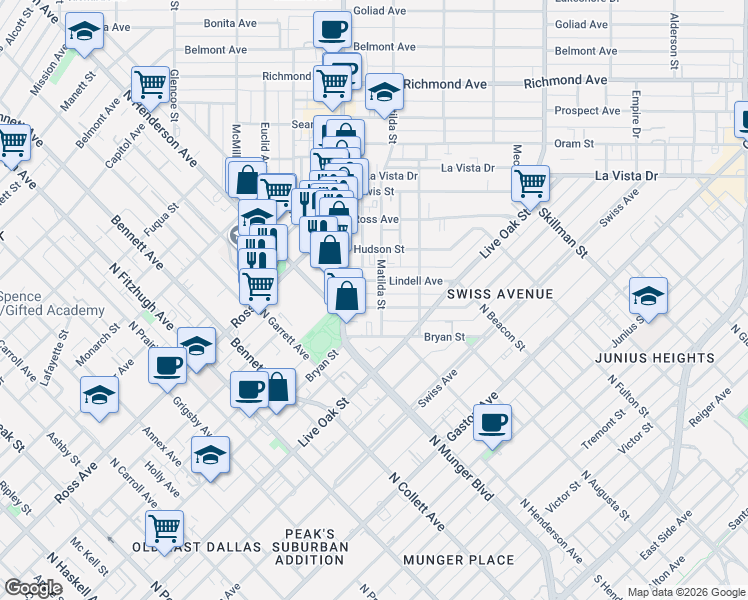 map of restaurants, bars, coffee shops, grocery stores, and more near 5509 Bryan Parkway in Dallas