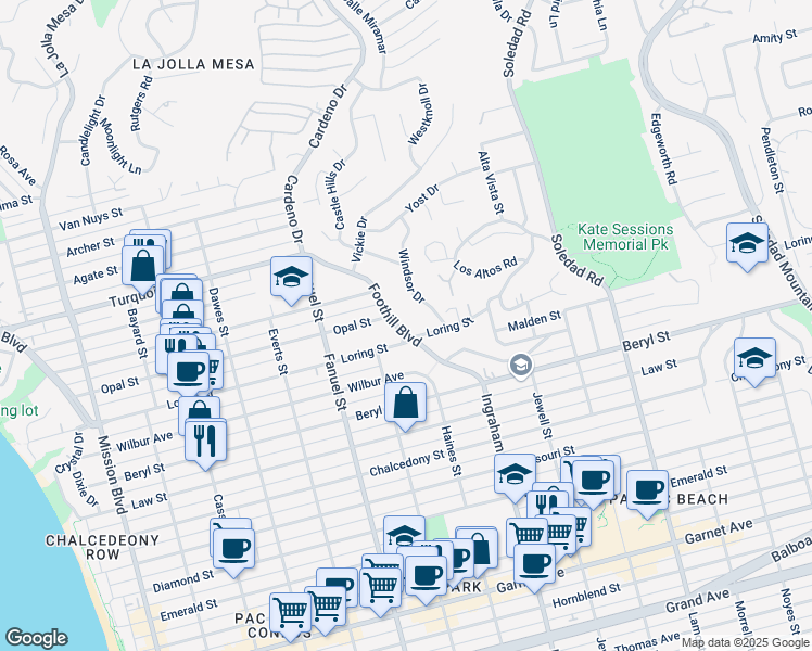 map of restaurants, bars, coffee shops, grocery stores, and more near 5009 Foothill Boulevard in San Diego