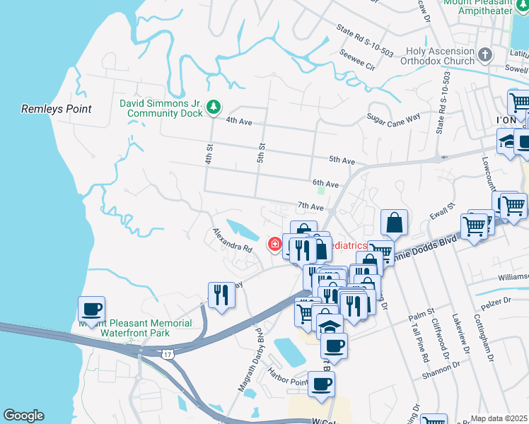 map of restaurants, bars, coffee shops, grocery stores, and more near 360 Spoonbill Lane in Mount Pleasant