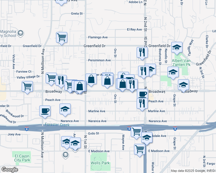 map of restaurants, bars, coffee shops, grocery stores, and more near in El Cajon