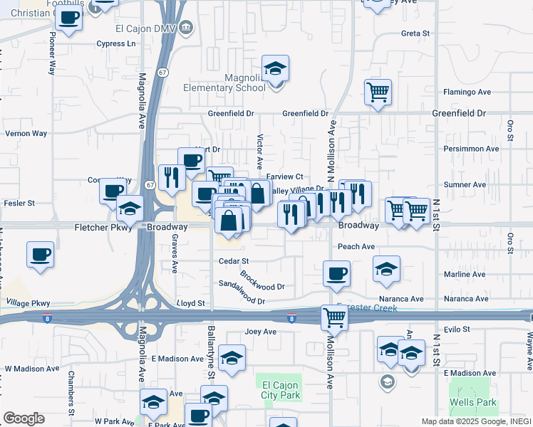 map of restaurants, bars, coffee shops, grocery stores, and more near 532 Broadway in El Cajon