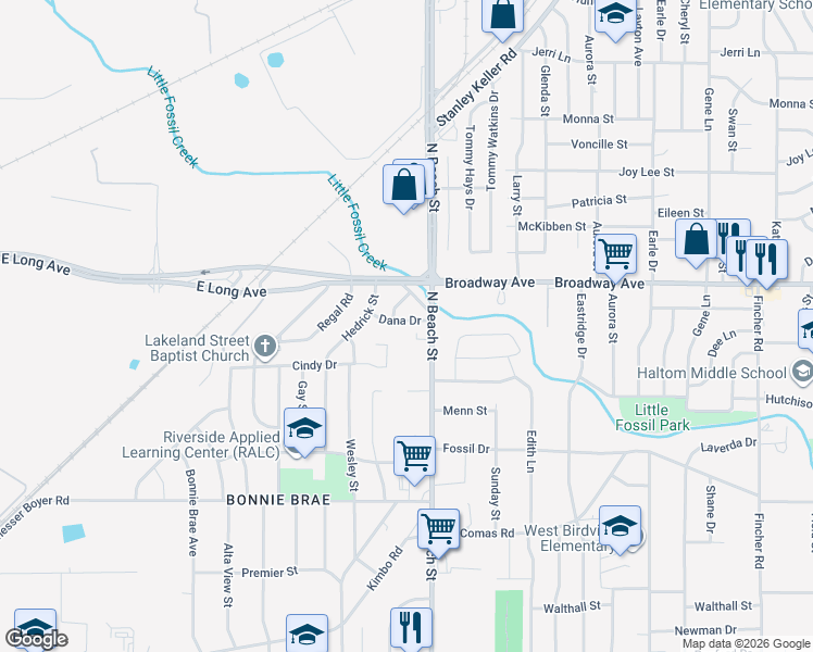 map of restaurants, bars, coffee shops, grocery stores, and more near 3804 Dana Drive in Fort Worth
