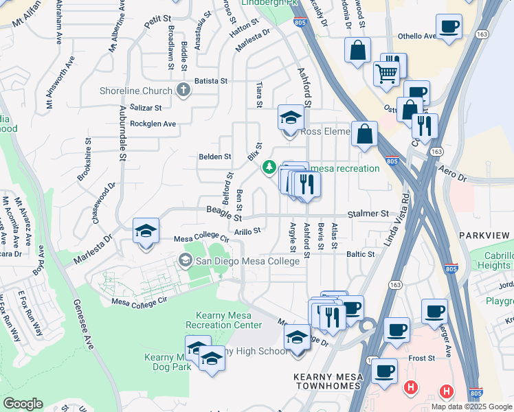 map of restaurants, bars, coffee shops, grocery stores, and more near 3525 Ames Street in San Diego
