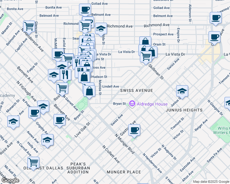 map of restaurants, bars, coffee shops, grocery stores, and more near 5505 Live Oak Street in Dallas