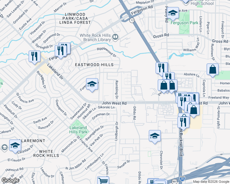 map of restaurants, bars, coffee shops, grocery stores, and more near 3039 Rambling Drive in Dallas