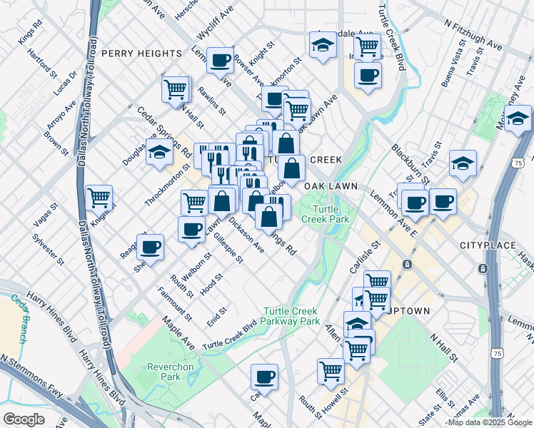 map of restaurants, bars, coffee shops, grocery stores, and more near 3604 Cedar Springs Road in Dallas