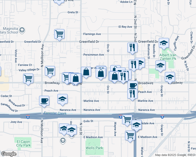 map of restaurants, bars, coffee shops, grocery stores, and more near 1166 Broadway in El Cajon