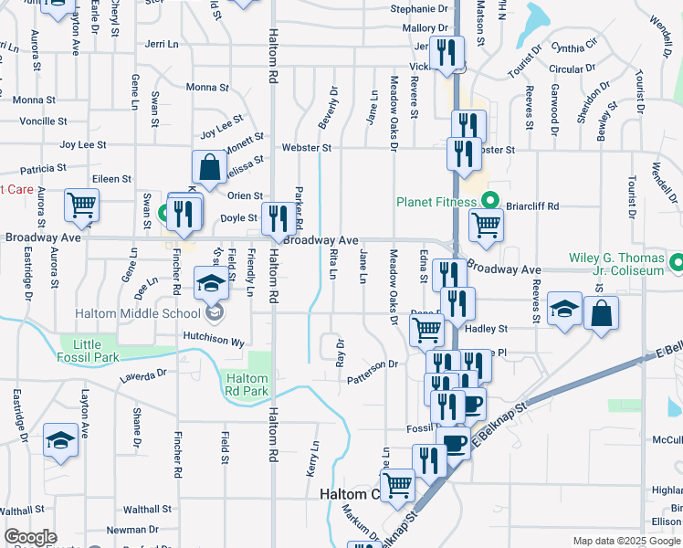 map of restaurants, bars, coffee shops, grocery stores, and more near 3217 Rita Lane in Haltom City