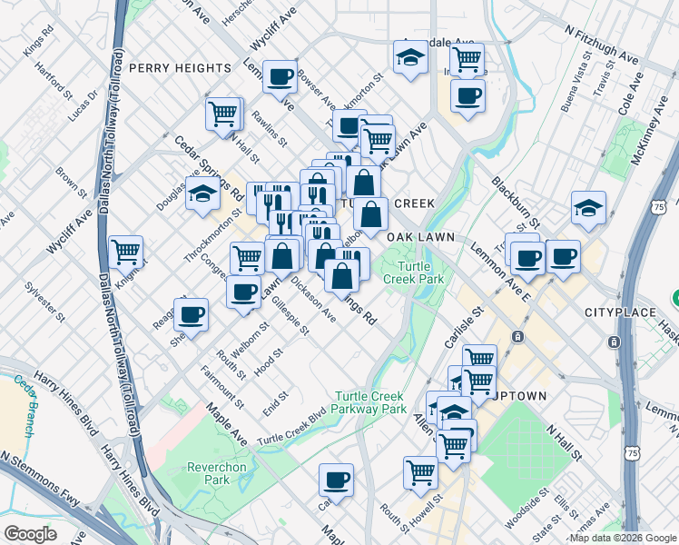 map of restaurants, bars, coffee shops, grocery stores, and more near 3604 Cedar Springs Road in Dallas