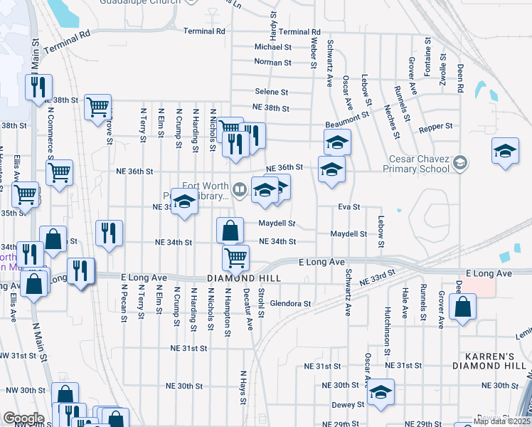 map of restaurants, bars, coffee shops, grocery stores, and more near 1411 Maydell Street in Fort Worth