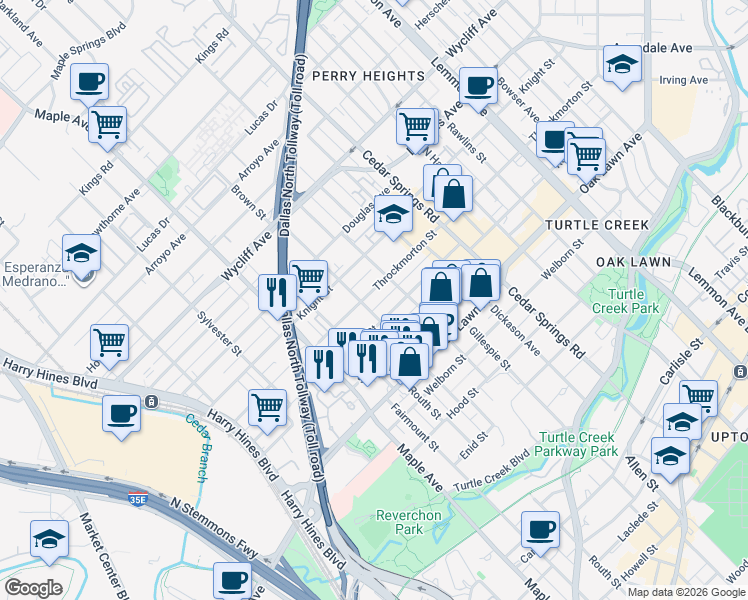 map of restaurants, bars, coffee shops, grocery stores, and more near 2696C Throckmorton Street in Dallas