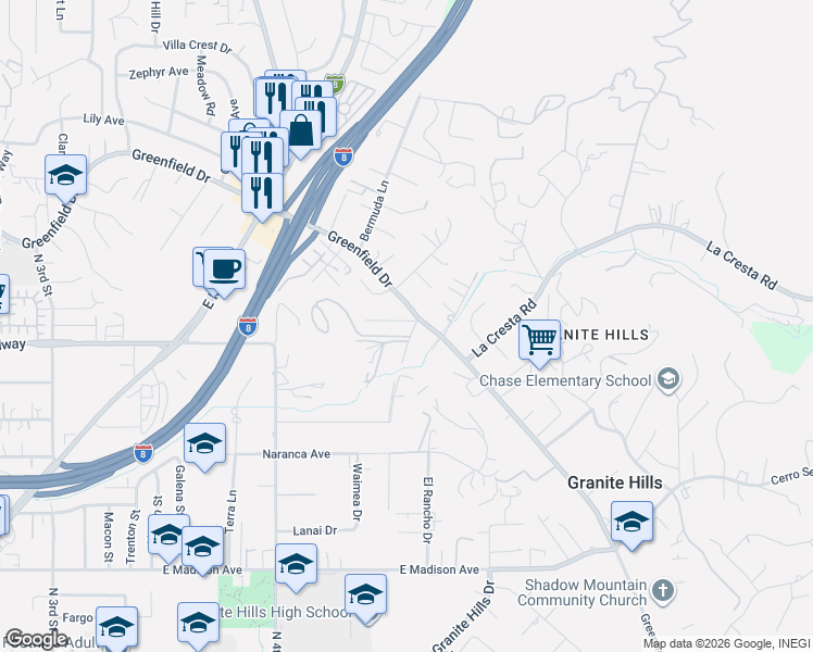map of restaurants, bars, coffee shops, grocery stores, and more near 1877 Honeysuckle Lane in El Cajon