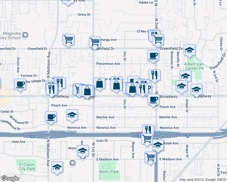 map of restaurants, bars, coffee shops, grocery stores, and more near 1166 Broadway in El Cajon