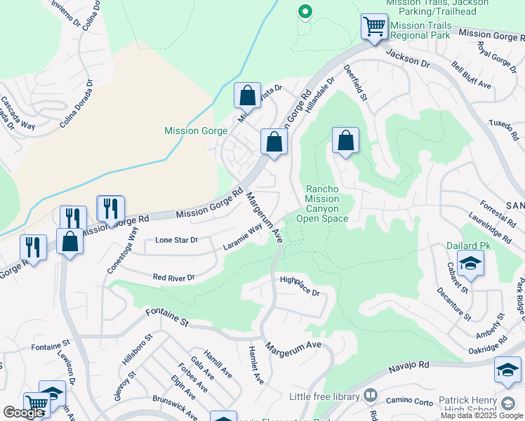 map of restaurants, bars, coffee shops, grocery stores, and more near 7760 Margerum Avenue in San Diego