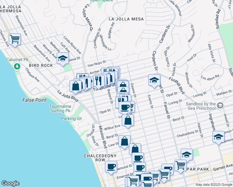 map of restaurants, bars, coffee shops, grocery stores, and more near 5115 Cass Street in San Diego