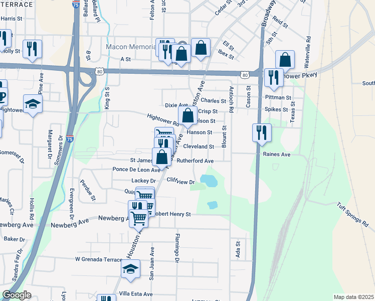 map of restaurants, bars, coffee shops, grocery stores, and more near 2962 Bacon Street in Macon