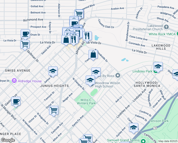 map of restaurants, bars, coffee shops, grocery stores, and more near 6135 Reiger Avenue in Dallas