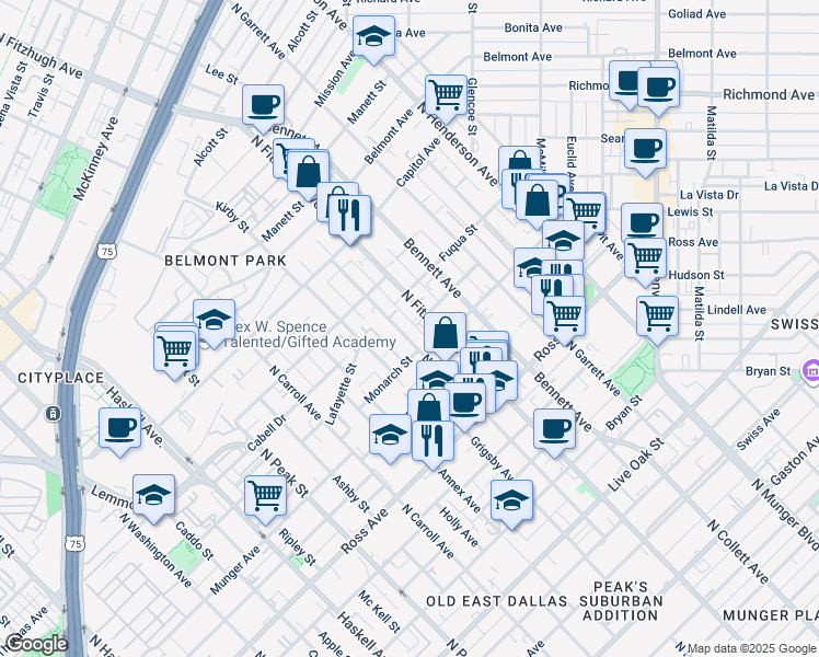 map of restaurants, bars, coffee shops, grocery stores, and more near 2020 North Prairie Avenue in Dallas
