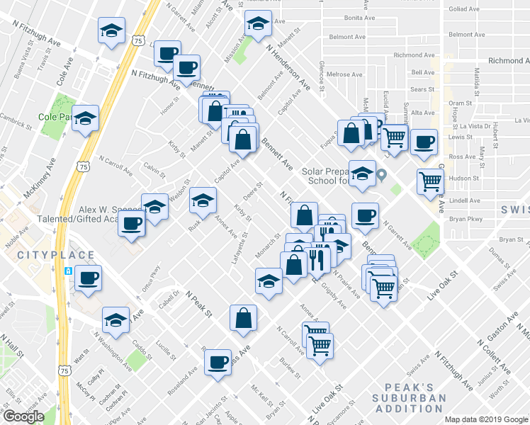 map of restaurants, bars, coffee shops, grocery stores, and more near 708 Lafayette Street in Dallas