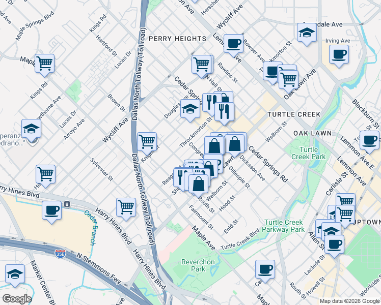 map of restaurants, bars, coffee shops, grocery stores, and more near 2720 Reagan Street in Dallas