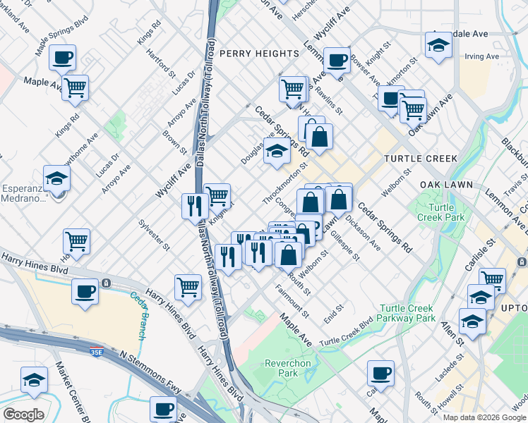 map of restaurants, bars, coffee shops, grocery stores, and more near 2696C Throckmorton Street in Dallas