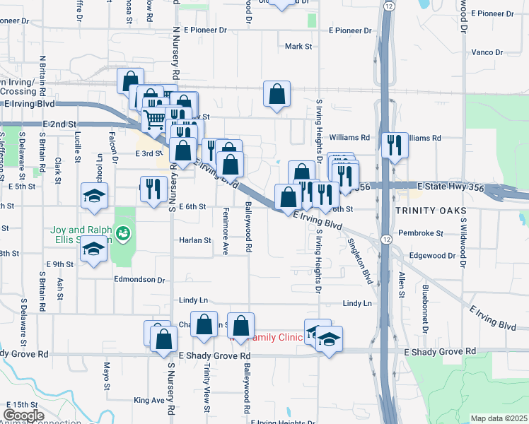 map of restaurants, bars, coffee shops, grocery stores, and more near 618 Francine Drive in Irving