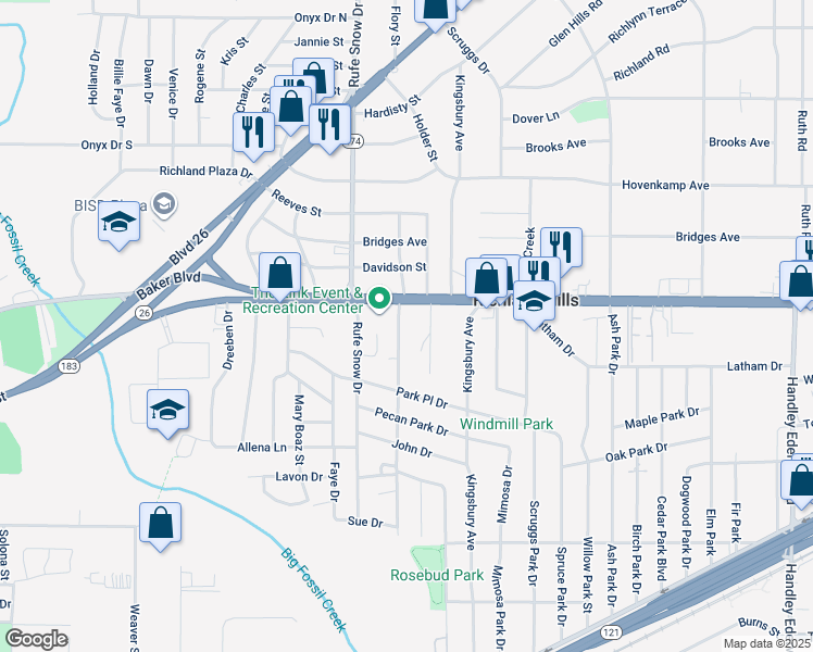 map of restaurants, bars, coffee shops, grocery stores, and more near 3121 Kings Court in Richland Hills