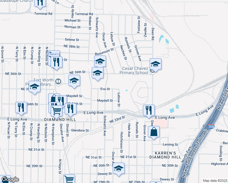 map of restaurants, bars, coffee shops, grocery stores, and more near 3509 Lebow Street in Fort Worth
