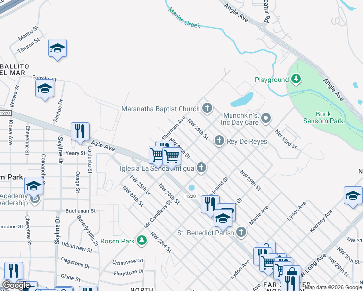 map of restaurants, bars, coffee shops, grocery stores, and more near 3407 Northwest 28th Street in Fort Worth