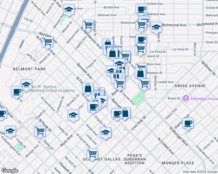 map of restaurants, bars, coffee shops, grocery stores, and more near 1721 North Garrett Avenue in Dallas