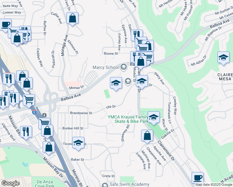 map of restaurants, bars, coffee shops, grocery stores, and more near 4150 Ute Drive in San Diego
