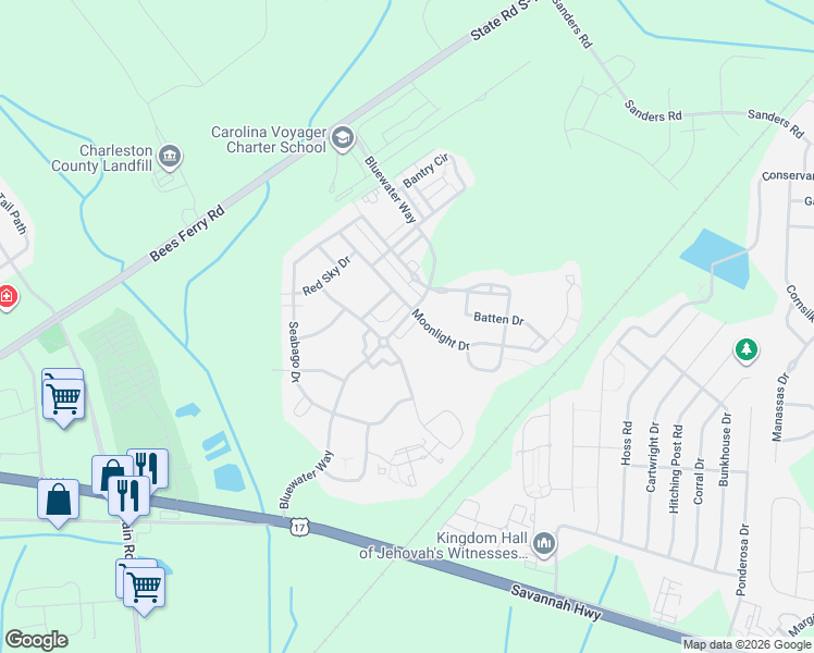 map of restaurants, bars, coffee shops, grocery stores, and more near 1558 Bluewater Way in Charleston