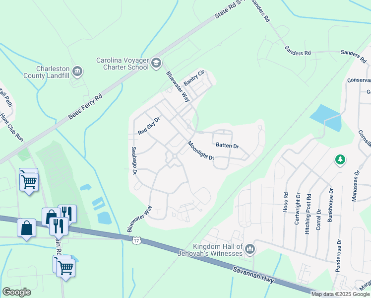 map of restaurants, bars, coffee shops, grocery stores, and more near 1558 Bluewater Way in Charleston